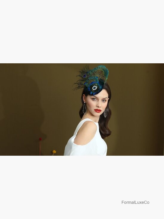 Peacock Feather Pillbox Hat with Rhinestones, Floral Fascinator for Derby